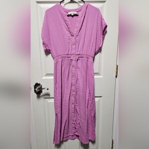 Ann Taylor LOFT Pink/Purple Button-Down Cotton Midi Dress - Size Small